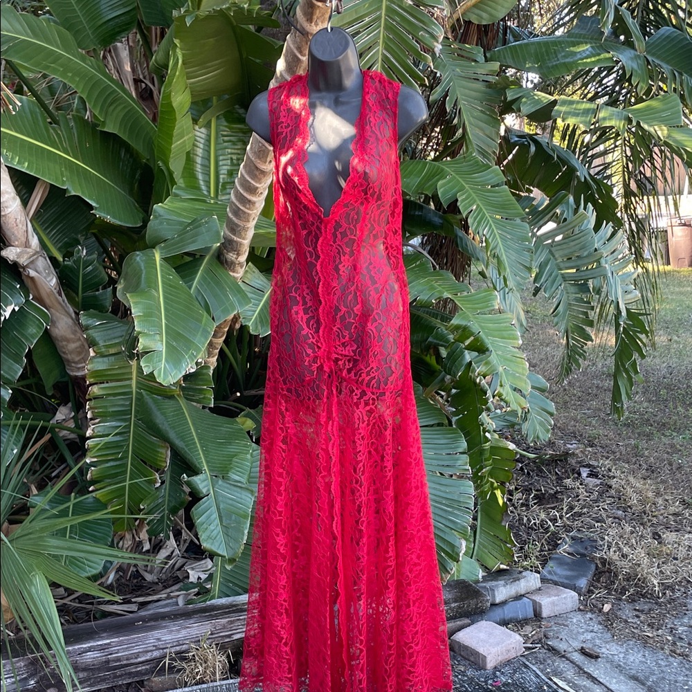 Sheer red lace drop waist dress with front split